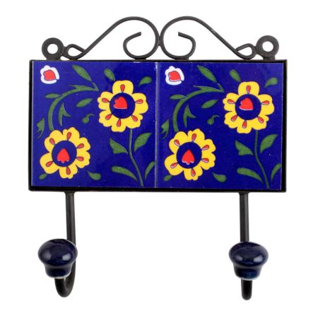 Navy Blue Yellow Floral Tiles Hooks